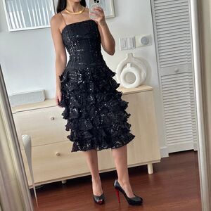 Vintage Lillie Rubin Corset Dress Womens 80s Black Sequin Tiered Cocktail Ruffle
